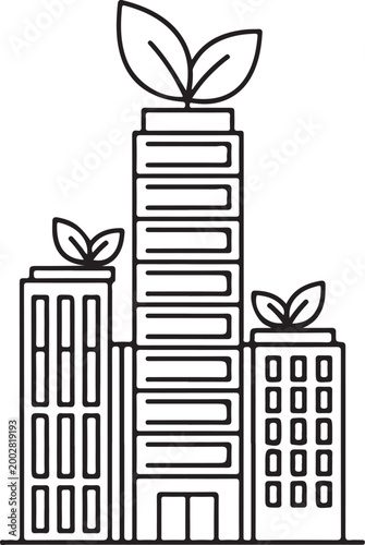 Eco friendly city buildings with leaf motifs atop presented as a silhouette