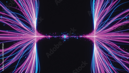 Tableau sur toile Conceptual visualization of quantum entanglement with glowing neon light particles and energy strands converging in dark space representing high speed data transmission