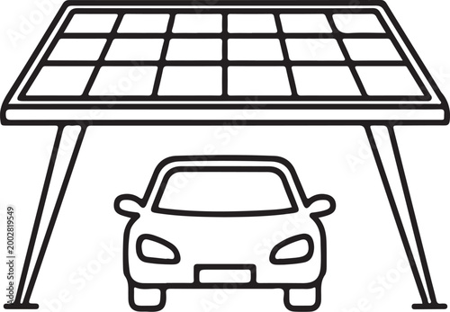 A car parked under a solar panel canopy simple black and white outline silhouette