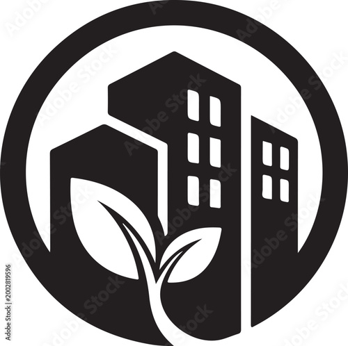 Urban landscape with a growing plant represented in a striking black silhouette