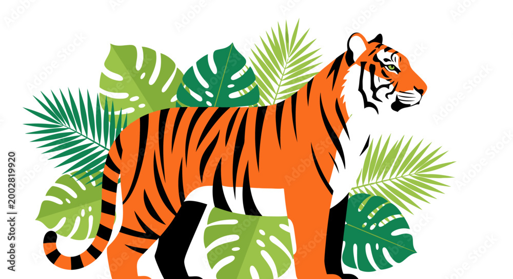 Obraz premium Tiger illustration with tropical jungle leaves on white background