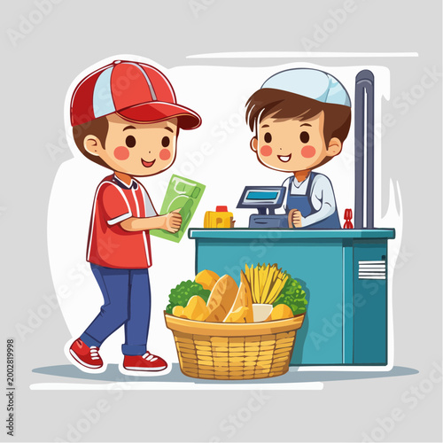 Cartoon illustration of a customer paying a cashier at a grocery store