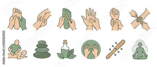 Massage Therapy Icons Set - Spa Treatment, Reflexology, and Holistic Wellness Elements for Healthcare and Beauty Salon Design, Hand Drawn Style Collection Representing Relaxation and Body Care.
