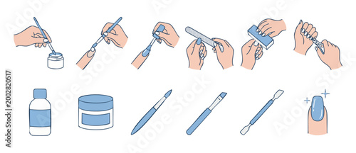 Nail Care Tutorial Steps Icons and Tools Set for Manicure Procedure. Professional Beauty Routine Guide with Hands, Polish Brush, File, Buffer, and Cuticle Nipper for Salon Treatment or Home Spa Design