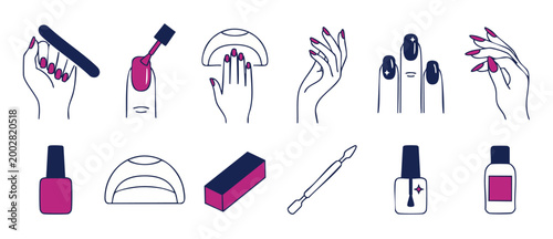 Manicure Icons Set with Nail Polish and Tools for Beauty Salon Services, Professional Hand Care Procedures and Essential Equipment Vector Illustration for Nail Art Design, Minimalist Line Art Style