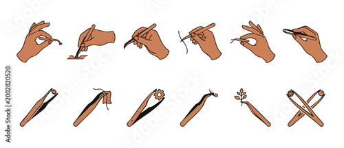 Bild auf Leinwand Hands holding tweezers icons set, holding small objects and precision tools for electronics, laboratory, medical and beauty procedures, isolated flat vector illustration for graphic design projects