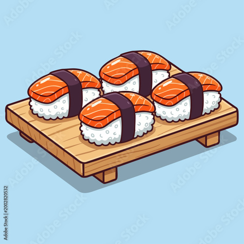 Fresh fish nigiri sushi set on wooden serving board illustration. Flat vector cartoon of Japanese sushi rolls with salmon and nori. Sushi set with salmon sashimi and rice on traditional wooden tray