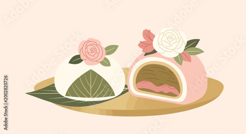 Japanese Mochi Vector Illustration with Floral Rose Decoration on Gold Plate