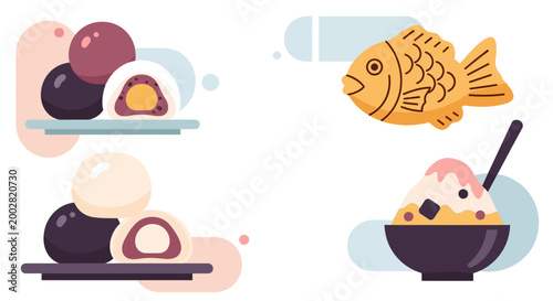 Cute Japanese and Korean Traditional Snacks Vector Illustration Featuring Mochi, Taiyaki, and Shaved Ice in Minimalist Flat Design Style