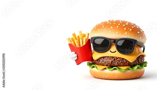 Cute 3D cartoon burger character wearing sunglasses and holding french fries for International Burger Day celebration