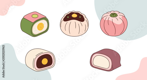Cute Japanese Traditional Wagashi Sweet Cake Vector Illustration Set in Minimalist Flat Style