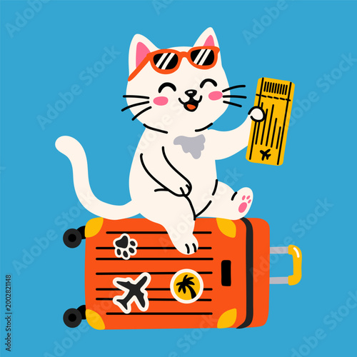 Kawaii Cat with Sunglasses and Boarding Pass