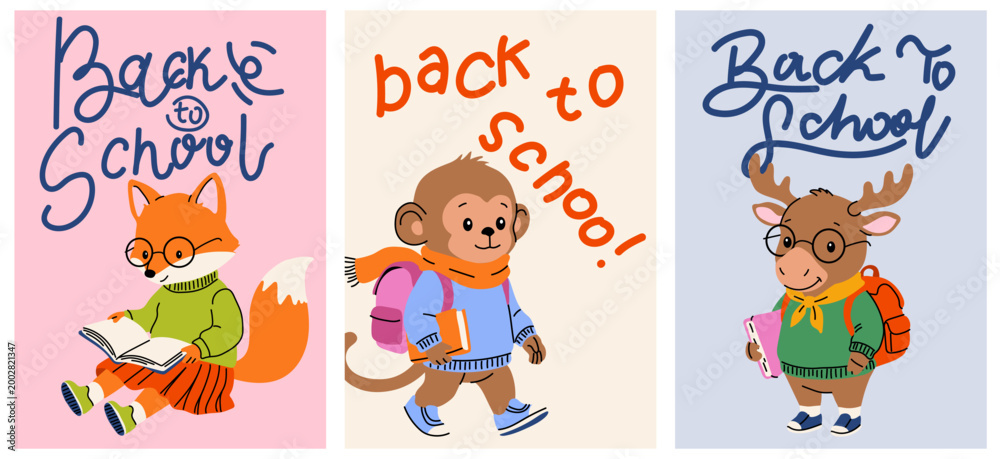 Fototapeta premium Kawaii Fox Monkey and Moose School Poster Collection