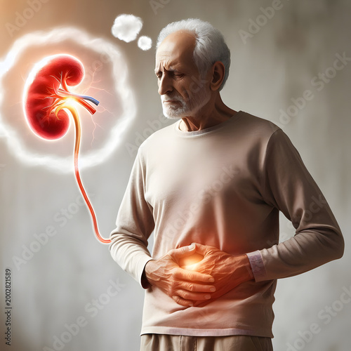 Elderly man holding his stomach in discomfort, with a thought bubble showing a painful kidney, symbolizing kidney disease or urinary issues.