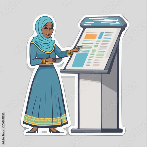 Woman in Hijab Presenting Information at a Display Stand