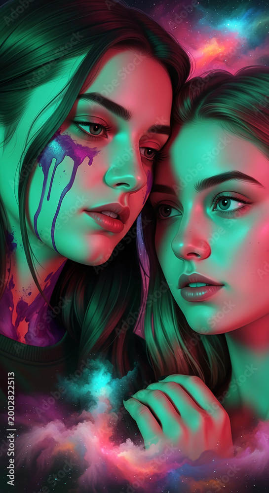 Obraz premium Close-up of two young woman faces, one with dripping paint, illuminated with vibrant colors, symbolizing emotion, fantasy, and artistic expression