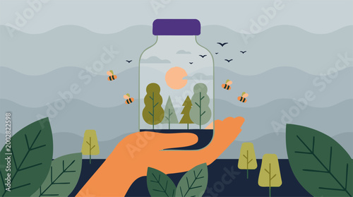 Hand holding glass jar with miniature nature, symbolizing environmental protection