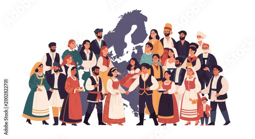 Diverse group of people wearing traditional clothing stand together in front of a map of Europe in a vector illustration with bright colors and a clean white background, conveying a sense