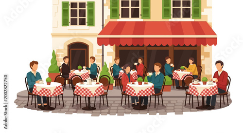 Illustration of people sitting at tables outside a cafe with red and white checkered tablecloths and a red awning, with a flat, cartoon-like style and a cheerful mood during the daytime