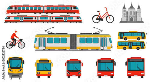 Flat lay of various public transportation vehicles including trains, trams, buses, and bicycles, along with a building illustration, all arranged against a clean white background
