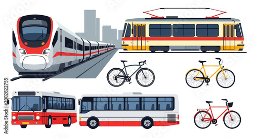 Against a white backdrop, a flat lay illustration showcases various red and white public transportation vehicles, including a modern train, an old-fashioned tram, a city bus, and several