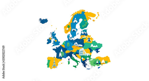 Stylized map of Europe with countries delineated in blue and yellow, featuring small tourist icons indicating landmarks and activities, presented as a flat lay illustration against a clean