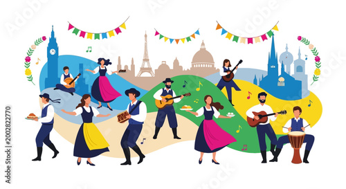 Festive illustration featuring people dressed in traditional clothing playing musical instruments in front of famous European landmarks, with a flat design and bright, joyful colors