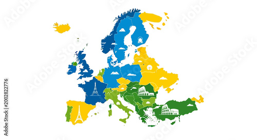 Flat vector illustration of a map of Europe, divided into colored sections representing different regions and landmarks, set against a clean white background with a bright and informative