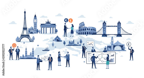 A global business infographic depicts international trade negotiations with business people shaking hands, money exchange, and graphs in a flat illustration style, set against a white