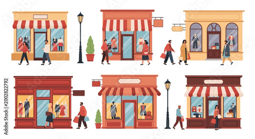 Illustrated storefronts depict shoppers walking by six different shops with awnings and window displays, in a flat design style with warm, inviting colors, set against a clean, white