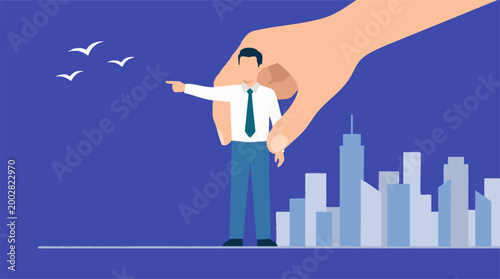 Guided business leader pointing direction with city skyline and flying birds