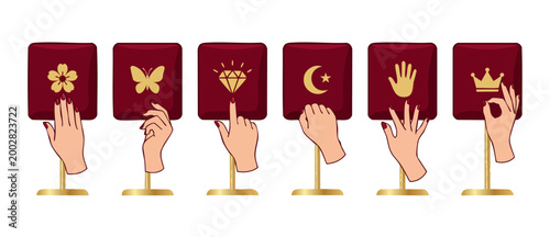 Hands Holding Gold Icons Set, Voting Signs with Symbols for Choices, Red Velvet Panels, Selection Concept, Decorative Graphic Elements, Female Hands Manicure Display, Unique Options Collection Vector