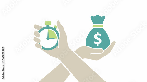 Time and Money Management Concept - Hands with Stopwatch and Money Bag