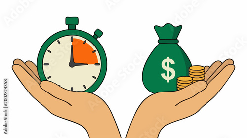 Time is money concept with hands holding stopwatch and dollar bag