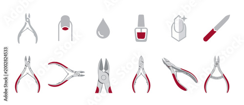 Manicure Tools Icons Set for Nail Care and Pedicure Design, Professional Beauty Salon Equipment with Nippers, Files, Polish, and Cuticle Maintenance Elements, Isolated on White Background for Web Grap