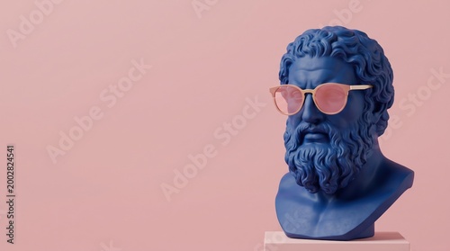 Blue bust of ancient greek philosopher socrates wearing pink sunglasses against a pink background with ancient greece