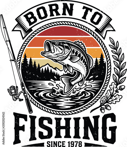 Canvas-taulu Retro born to fishing since 1978 emblem featuring a large bass fish leaping from the lake with a vintage sunset