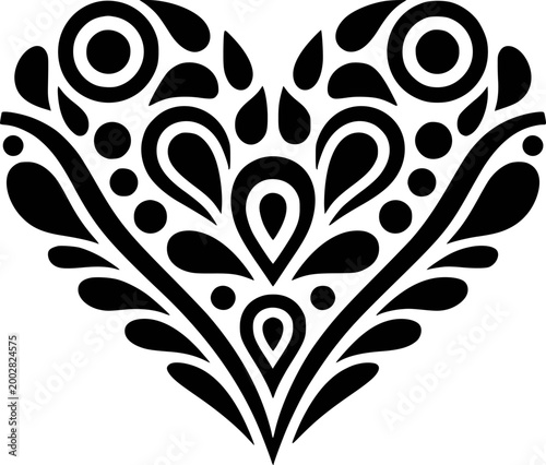 Black ornate heart shape with swirls and drops, isolated white