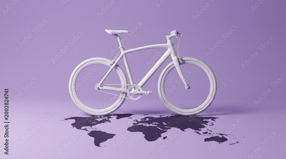 Fototapeta premium A white bicycle stands on a purple surface with a world map shadow.