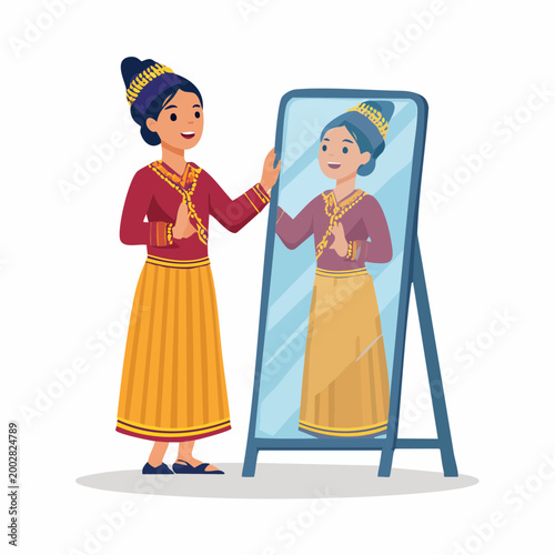 Woman in Traditional Dress Admiring Herself in Mirror
