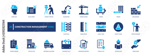 Construction management icon set. building, project, engineering, industry, development. solid style icon collection.