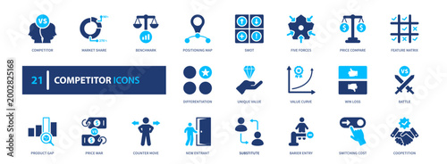 Competitor analysis icon set. strategy, market, research, business, performance. solid style icon collection.