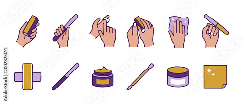 Manicure treatment icons set with nail care tools, moisturizing cream, files and buffer, vector flat illustration for beauty salon procedures, spa hygiene routine, skin hand treatment collection.