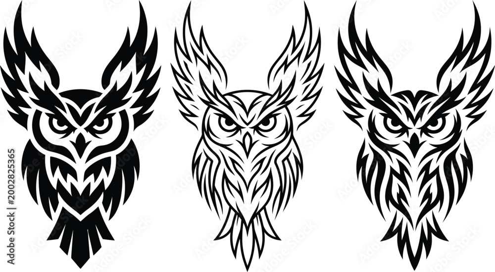 Obraz premium Set of three tribal owl head illustrations with intricate line art for creative tattoo designs and logos.