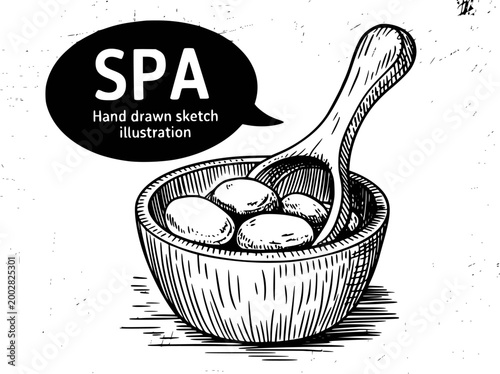 Hand drawn of spa stones in wooden bowl with spoon, isolated