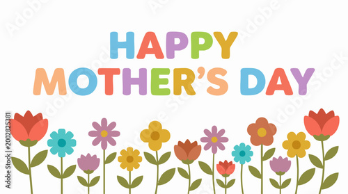 Happy Mother's Day colorful banner with vibrant floral illustration on white