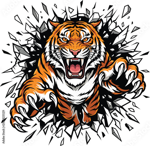 Принти на полотні Intense tiger mascot character bursting through a cracked wall with sharp claws and aggressive roaring face
