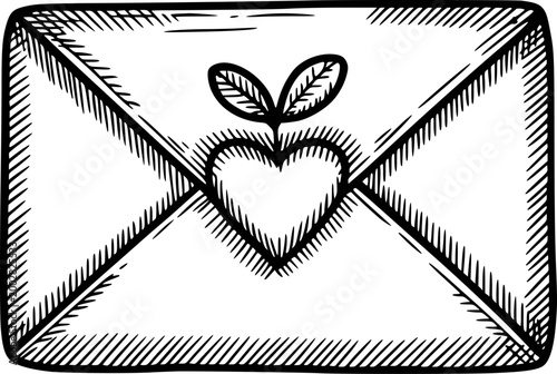 Hand-drawn black and white envelope with heart and sprout, isolated white background