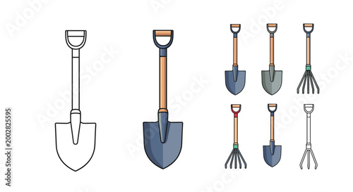 Selection of gardening tools including shovels and rakes in various styles such as line art, flat icons, and colorful illustrations.