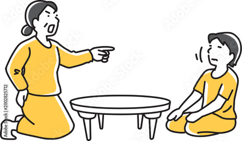 ちゃぶ台を挟んで叱るお母さん